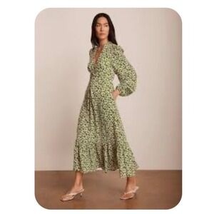 A7 Jl Luxe V Neck Green White Peach Puff Sleeves Tie Belted Waist Midi Dress